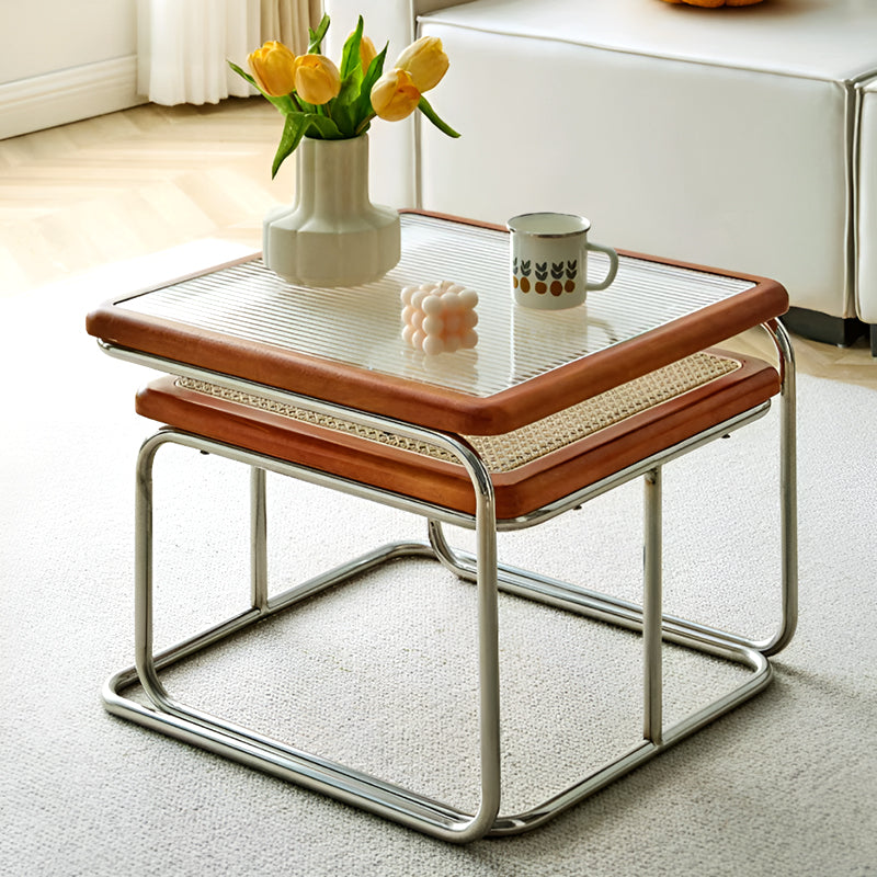 Nordic Nested Coffee Table Set – Solid Wood, Glass and Rattan with Stainless Steel Frame, Modern Antique Style