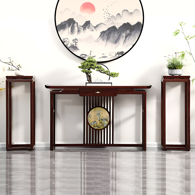 African Black Walnut Entrance Console Table + Pair of Flower Stands – Solid Wood Entryway Table