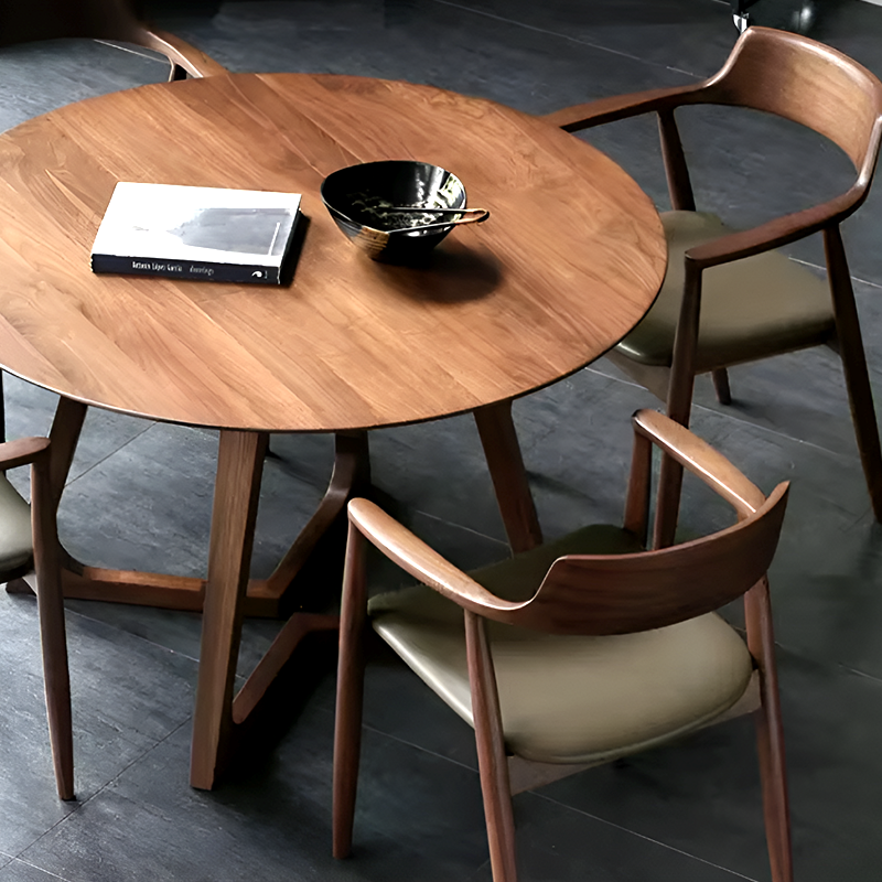 Solid Wood Round Dining Table – Walnut Finish, Modern Japanese Nordic Style