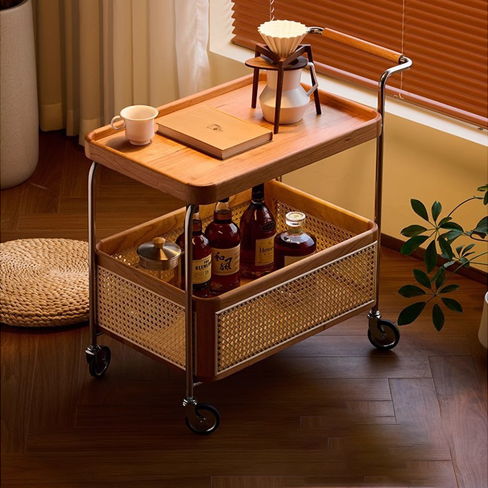 Solid Wood and Steel Mobile Serving Table – Rattan Trolley with Wheels for Dining Room and Living Room