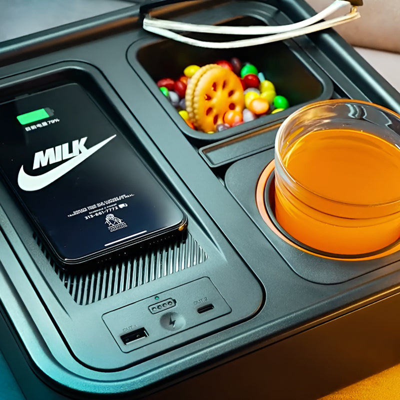 Multifunctional Snack Box with Wireless Charging Power Bank & Anti-Flip Gyroscope – Indoor & Outdoor Storage & Cup Holder