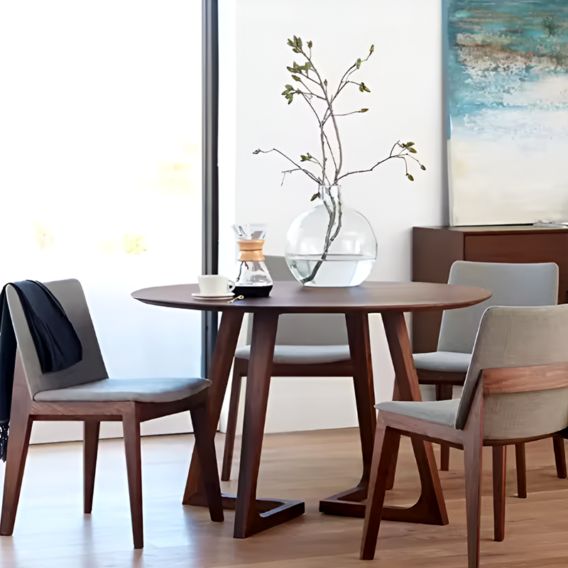 Solid Wood Round Dining Table – Walnut Finish, Modern Japanese Nordic Style