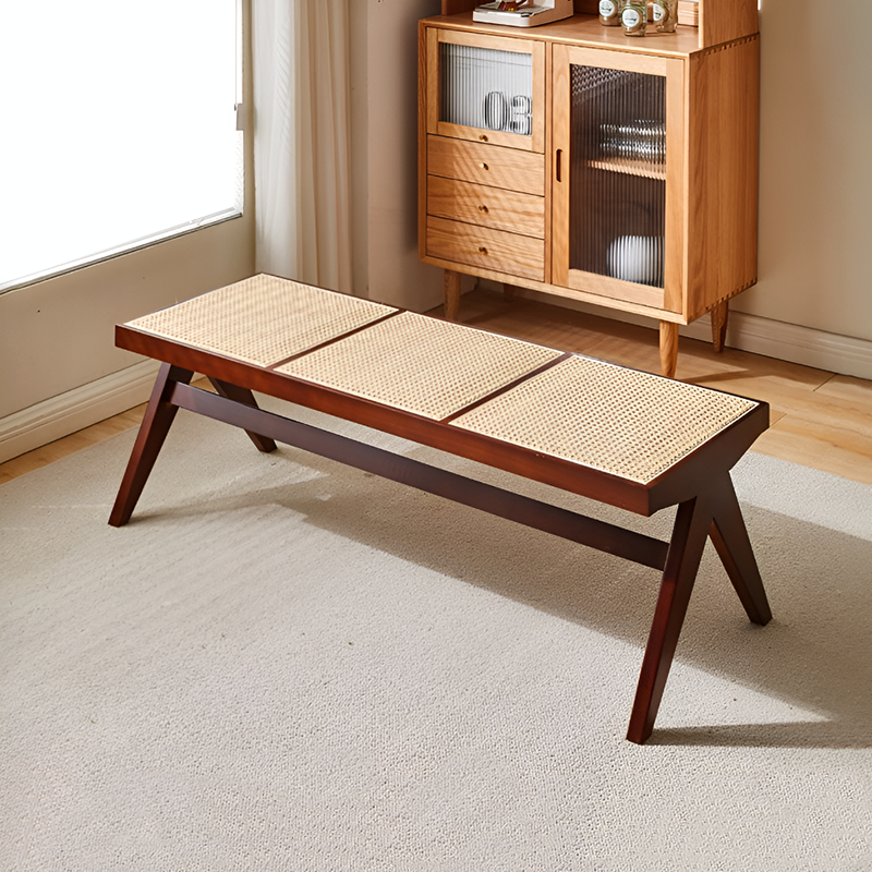 Solid Wood & Rattan Bench – Single or 3-Seater, Walnut, Cherry, Log, Black