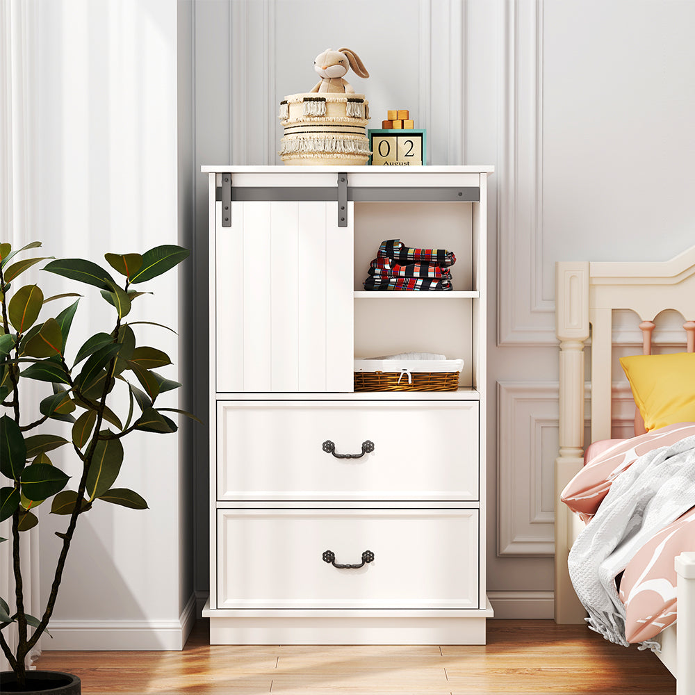 White Storage Cabinet with Sliding Door & 5 Drawers – Adjustable Shelf Dresser for Bedroom or Living Room