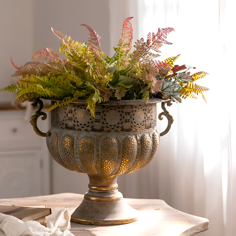 European Retro Iron Flower Pots/Vase - Worn Metal Vintage Style, Matte White And Gold/Copper Finishes, Multiple Sizes