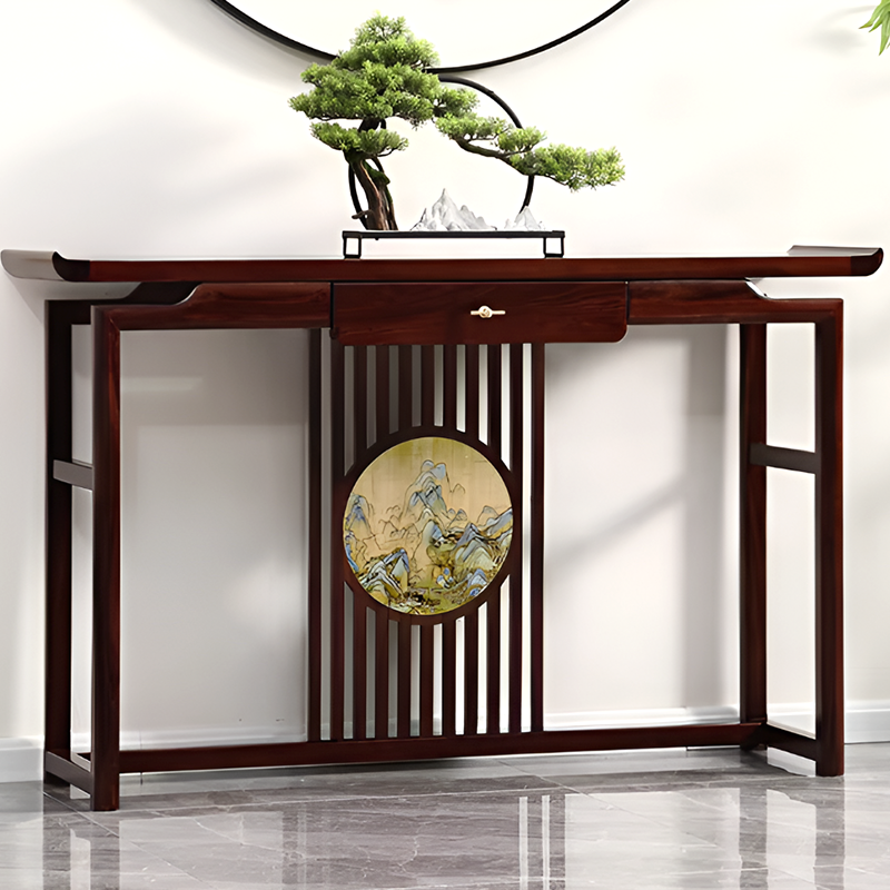 African Black Walnut Entrance Console Table + Pair of Flower Stands – Solid Wood Entryway Table