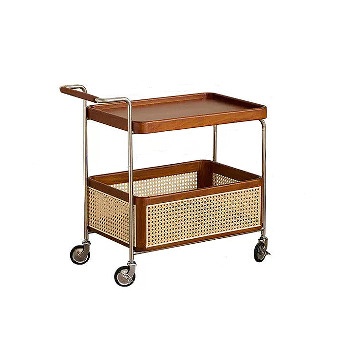 Solid Wood and Steel Mobile Serving Table – Rattan Trolley with Wheels for Dining Room and Living Room