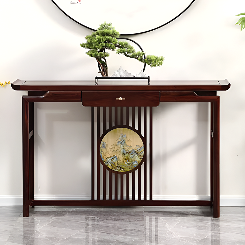 African Black Walnut Entrance Console Table + Pair of Flower Stands – Solid Wood Entryway Table