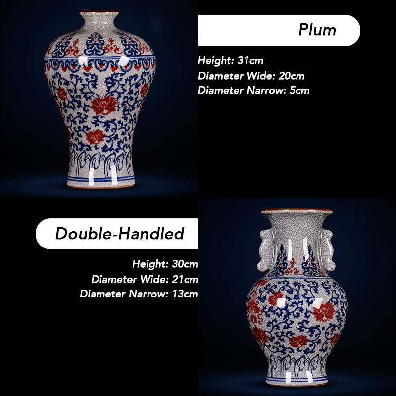 Hand-Painted Antique-Style Blue And White Red Lotus Crackle Glaze Ceramic Vase with Wooden Base And Collector’s Certificate