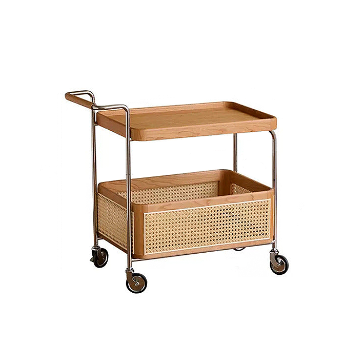 Solid Wood and Steel Mobile Serving Table – Rattan Trolley with Wheels for Dining Room and Living Room