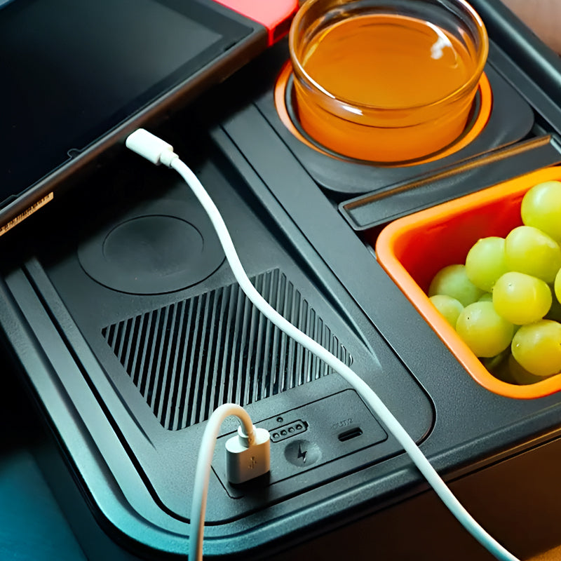 Multifunctional Snack Box with Wireless Charging Power Bank & Anti-Flip Gyroscope – Indoor & Outdoor Storage & Cup Holder
