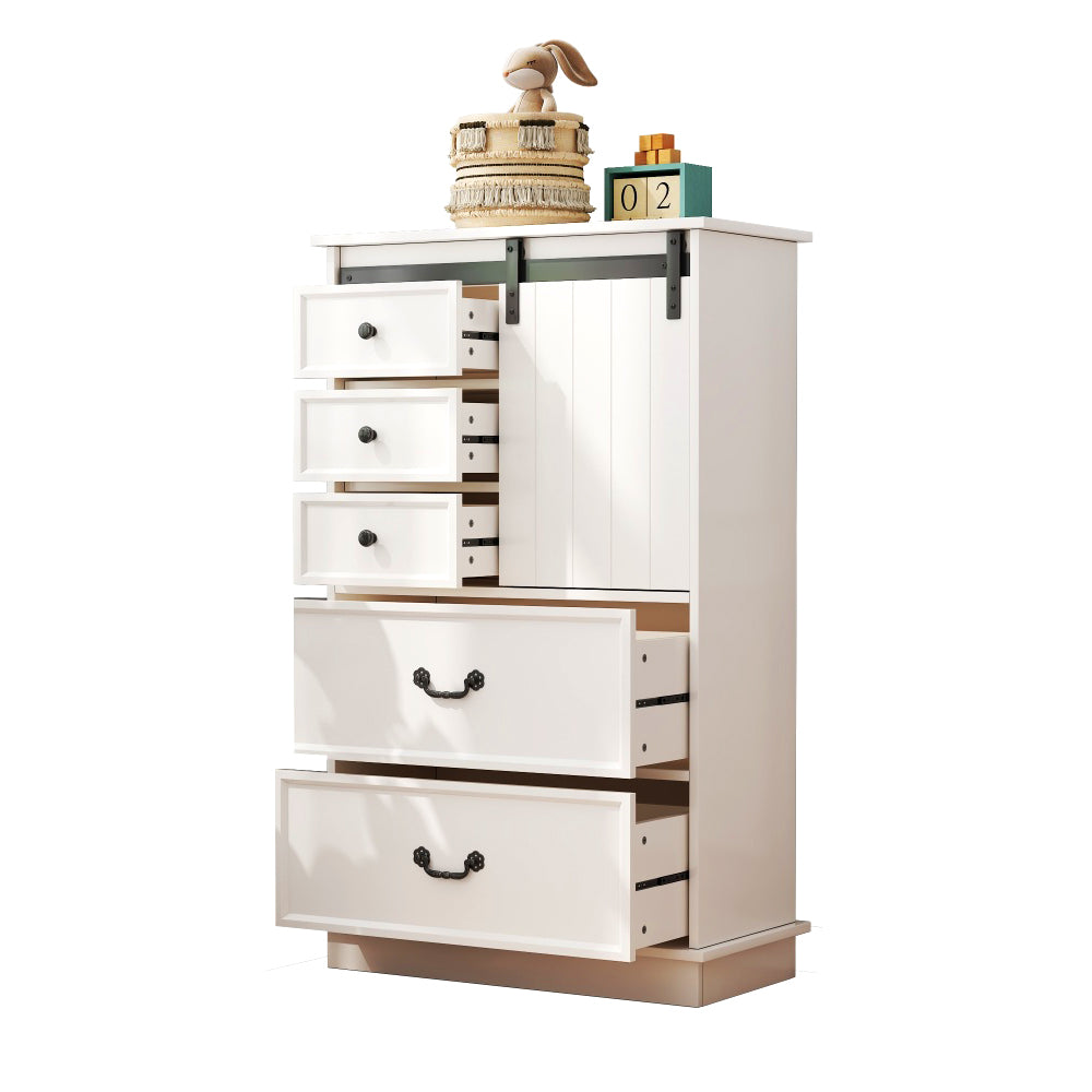 White Storage Cabinet with Sliding Door & 5 Drawers – Adjustable Shelf Dresser for Bedroom or Living Room