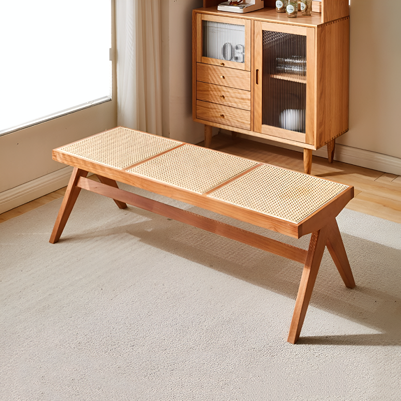 Solid Wood & Rattan Bench – Single or 3-Seater, Walnut, Cherry, Log, Black