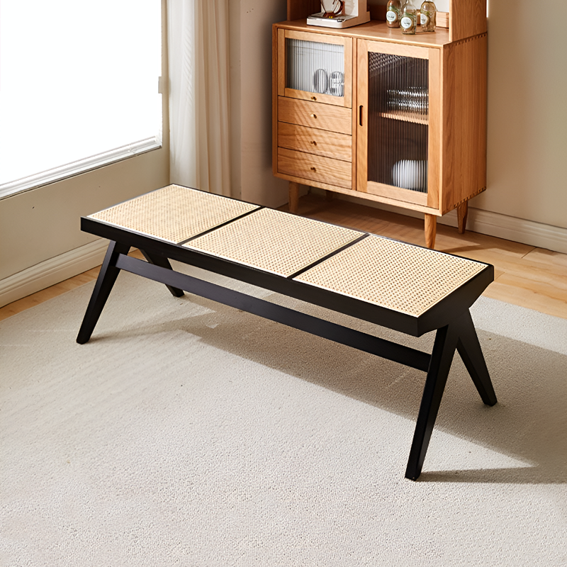 Solid Wood & Rattan Bench – Single or 3-Seater, Walnut, Cherry, Log, Black