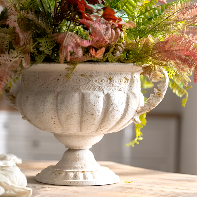 European Retro Iron Flower Pots/Vase - Worn Metal Vintage Style, Matte White And Gold/Copper Finishes, Multiple Sizes