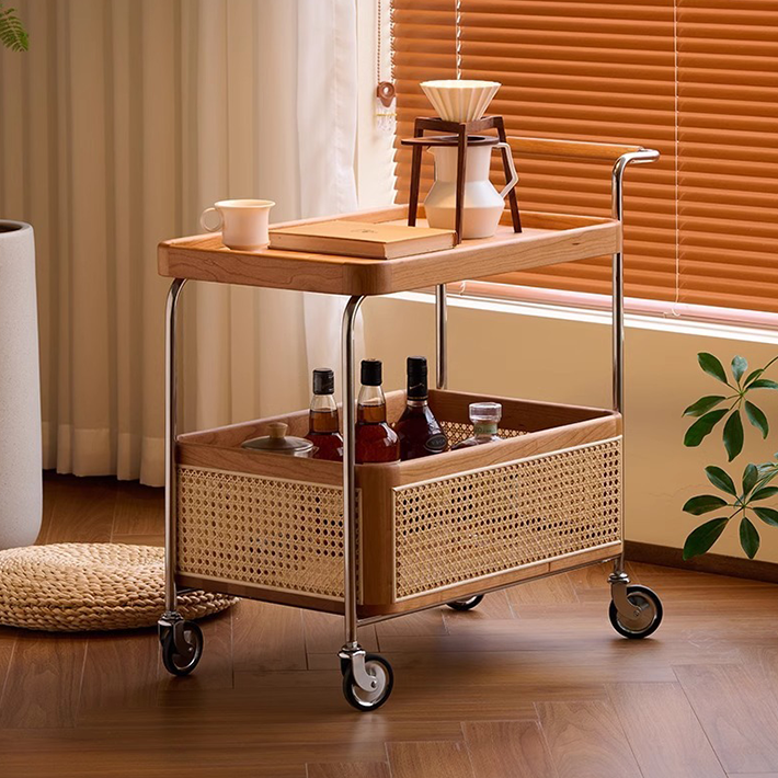 Solid Wood and Steel Mobile Serving Table – Rattan Trolley with Wheels for Dining Room and Living Room