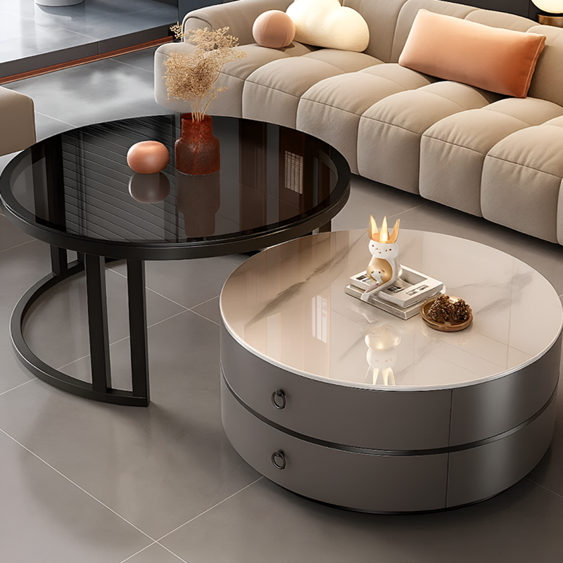 Modern Minimalist Nested Round Coffee Table With Storage Drawers – Light Luxury Small Marble Table for Living Room