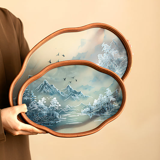 Retro-Style Bamboo & Glass Tray – Hand-Painted Landscape & Floral Design