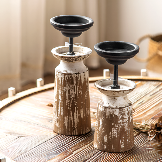 Rustic Worn-Out Paint Candle Stand - Wood And Metal Vintage Style, Small And Large Decorative Candlestick for Home or Desktop Decor