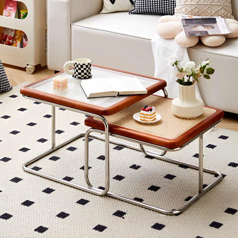 Nordic Nested Coffee Table Set – Solid Wood, Glass and Rattan with Stainless Steel Frame, Modern Antique Style