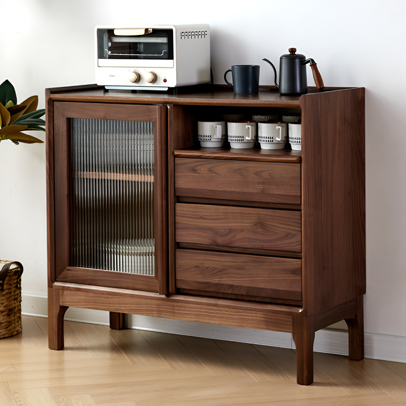 North American Black Walnut Solid Wood Sideboard - Modern Scandinavian Storage Cabinet with Drawers And Glass Door for Living Room
