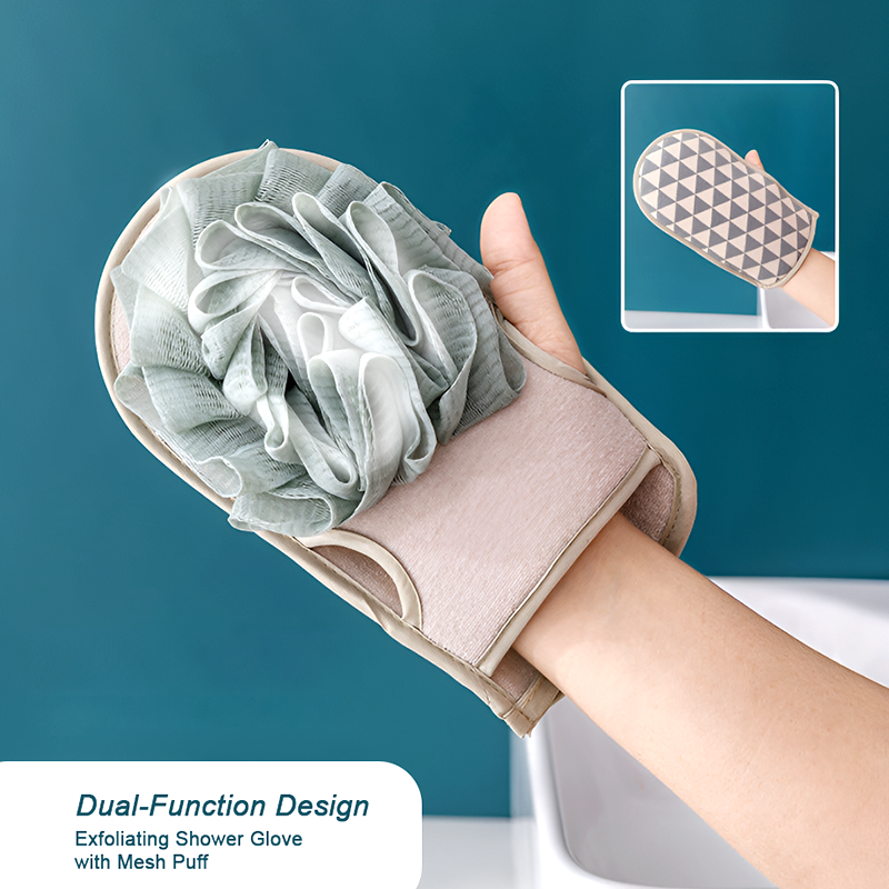 Exfoliating Shower Glove with Mesh Puff – Dual-Sided Rubbing Towel for Deep Cleansing & Smooth Skin