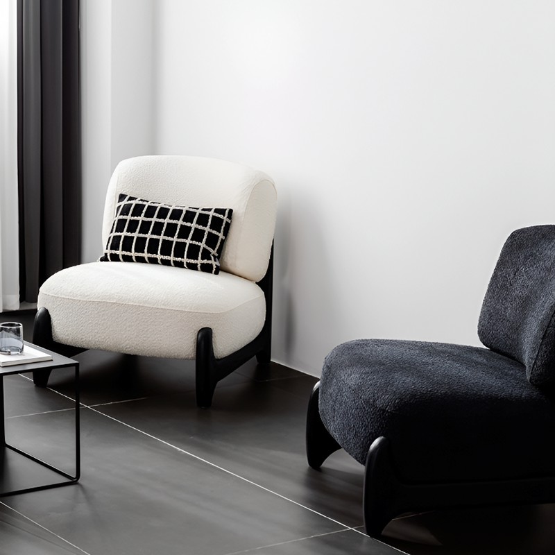 Modern Lounge Chair in Cream White & Smoky Gray – Washable Teddy Fabric, Solid Wood
