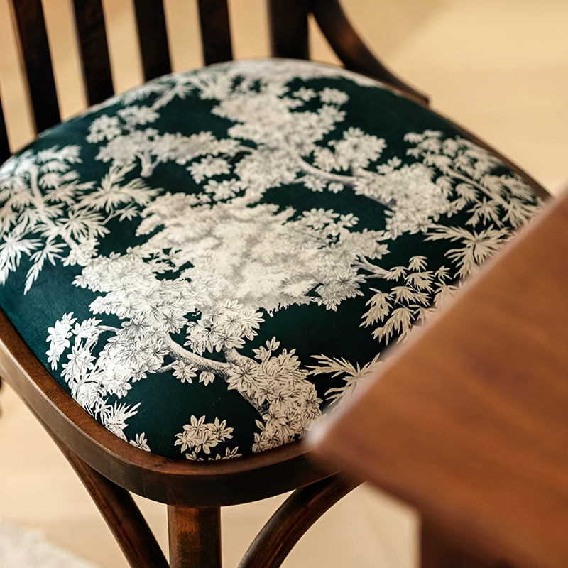 French Nordic Solid Wood Dining Chair – Coastal Vintage Floral Upholstered Accent Chair for Dining Room, Walnut & French Colors