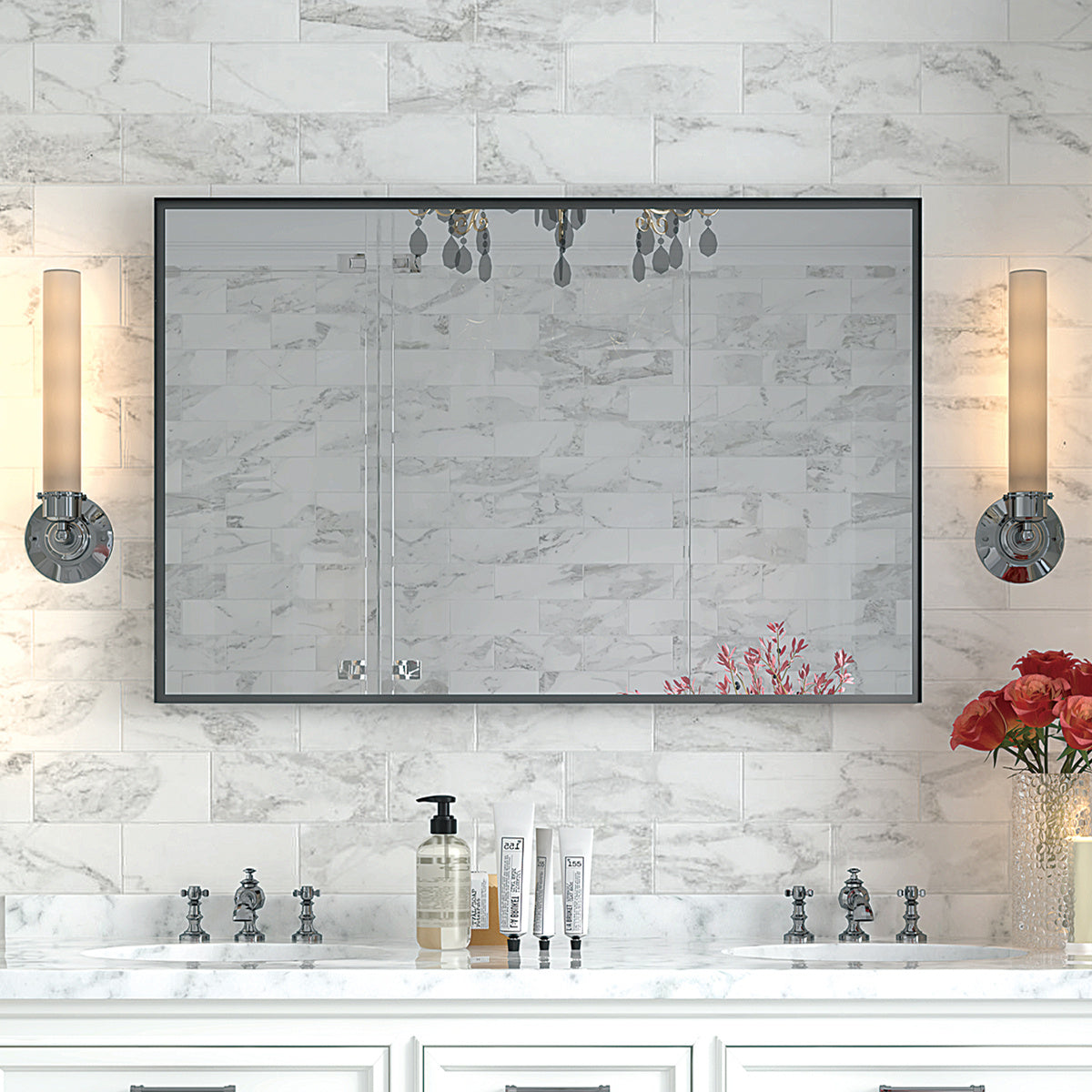 40x30 Inch Black Vanity Mirror – Glossy Framed Bathroom Wall Mirror, Horizontal & Vertical Mounting