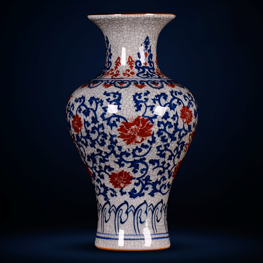 Hand-Painted Antique-Style Blue And White Red Lotus Crackle Glaze Ceramic Vase with Wooden Base And Collector’s Certificate
