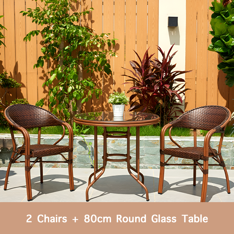 Outdoor Rattan Dining Set – French Island Style Patio Chairs & Waterproof Glass Table