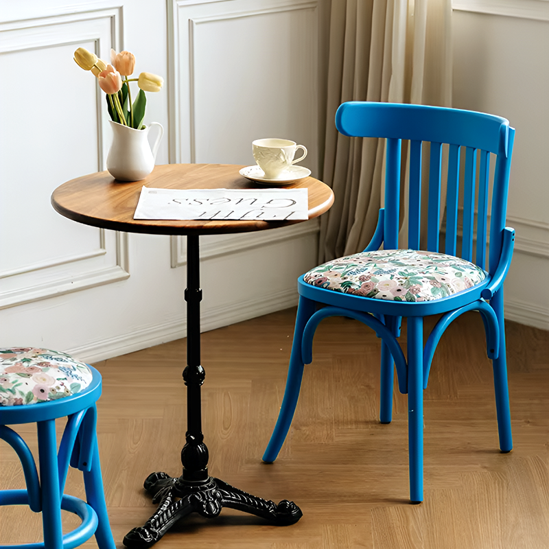 French Nordic Solid Wood Dining Chair – Coastal Vintage Floral Upholstered Accent Chair for Dining Room, Walnut & French Colors