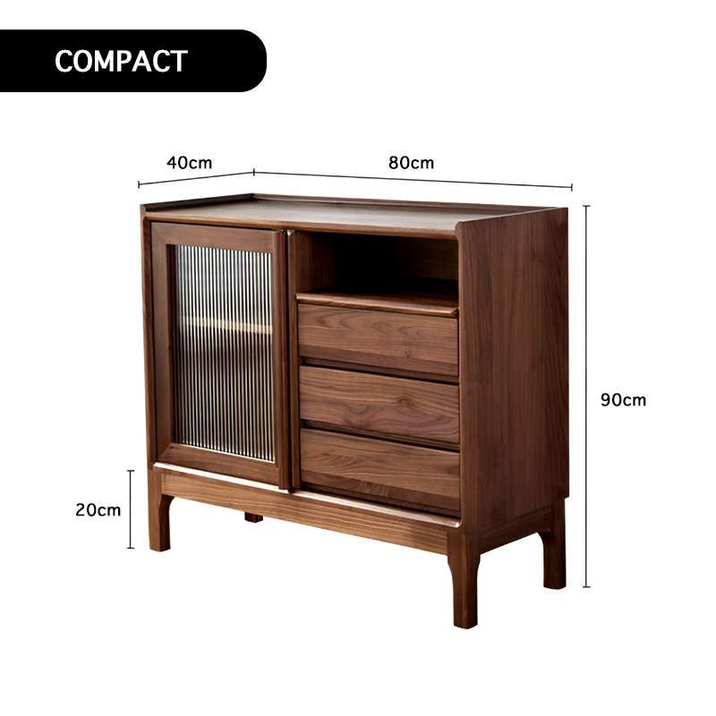 North American Black Walnut Solid Wood Sideboard - Modern Scandinavian Storage Cabinet with Drawers And Glass Door for Living Room