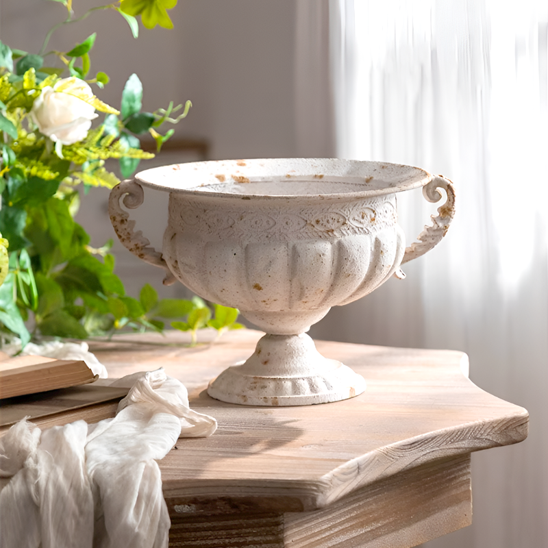European Retro Iron Flower Pots/Vase - Worn Metal Vintage Style, Matte White And Gold/Copper Finishes, Multiple Sizes