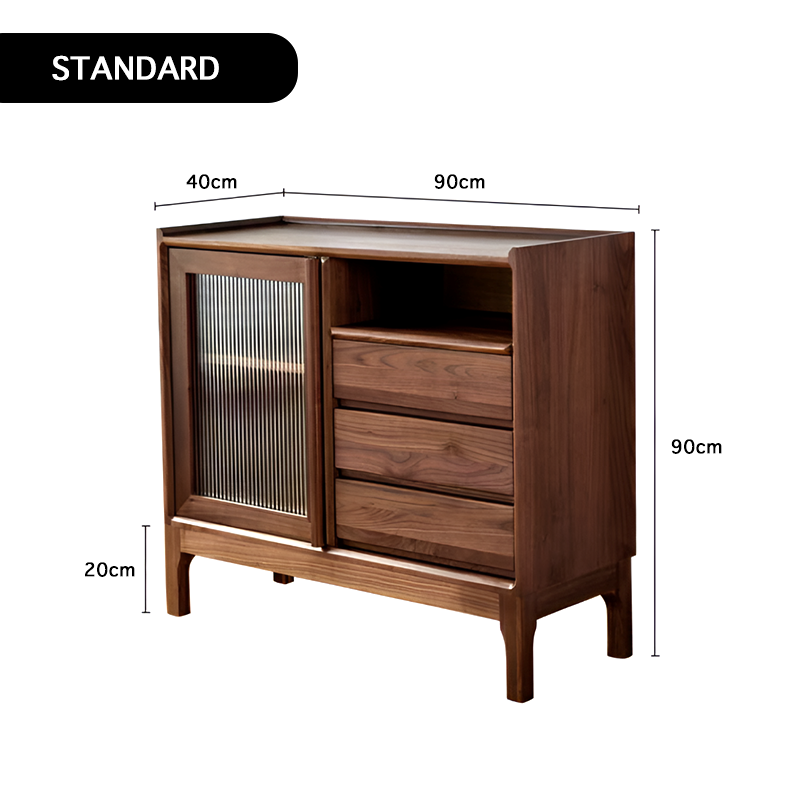 North American Black Walnut Solid Wood Sideboard - Modern Scandinavian Storage Cabinet with Drawers And Glass Door for Living Room