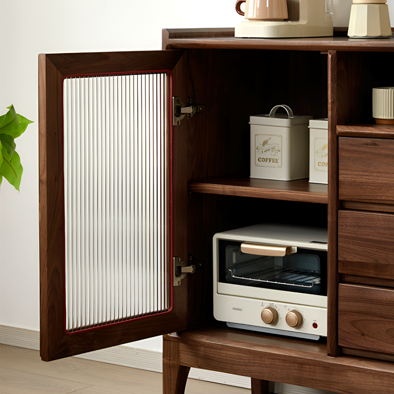 North American Black Walnut Solid Wood Sideboard - Modern Scandinavian Storage Cabinet with Drawers And Glass Door for Living Room