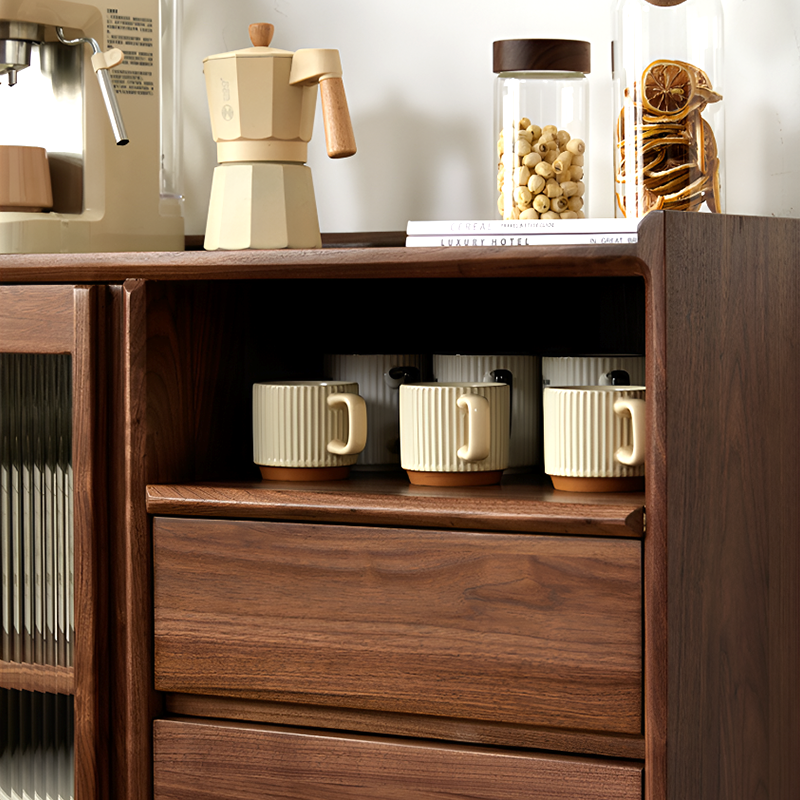 North American Black Walnut Solid Wood Sideboard - Modern Scandinavian Storage Cabinet with Drawers And Glass Door for Living Room