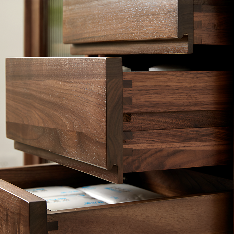 North American Black Walnut Solid Wood Sideboard - Modern Scandinavian Storage Cabinet with Drawers And Glass Door for Living Room