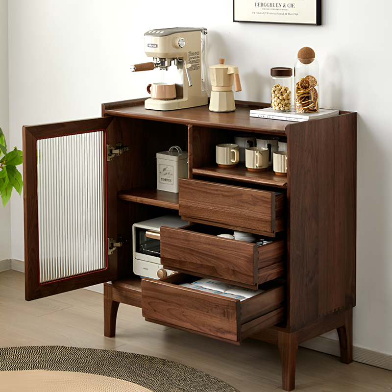 North American Black Walnut Solid Wood Sideboard - Modern Scandinavian Storage Cabinet with Drawers And Glass Door for Living Room