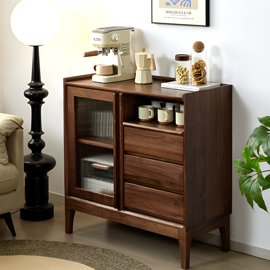 North American Black Walnut Solid Wood Sideboard - Modern Scandinavian Storage Cabinet with Drawers And Glass Door for Dining Room