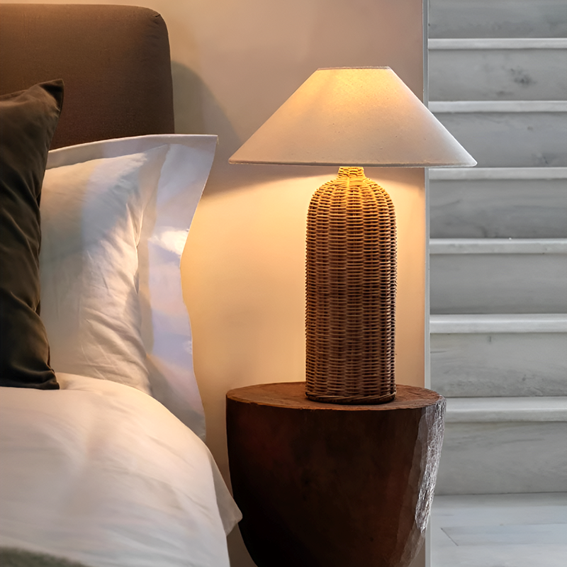 Japanese Style Rattan Bedside Table Lamp - Handmade Woven Nightstand Light for Bedroom And Living Room Décor
