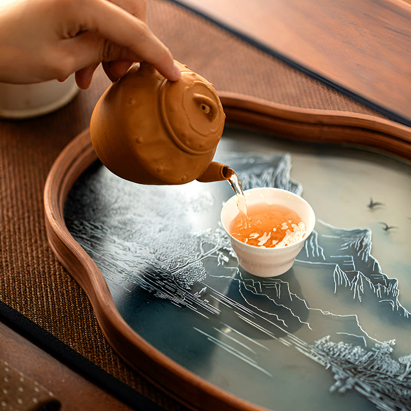 Retro-Style Bamboo & Glass Tray – Hand-Painted Landscape & Floral Design
