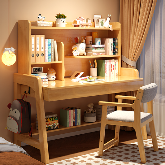 Solid Wood Kids Study Desk and Chair Set with Bookshelf and 2 Storage Drawers, Adjustable Height, 5 Colors, for Home or Bedroom