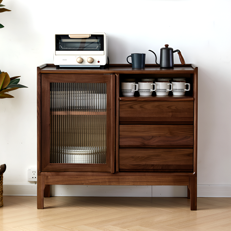North American Black Walnut Solid Wood Sideboard - Modern Scandinavian Storage Cabinet with Drawers And Glass Door for Living Room