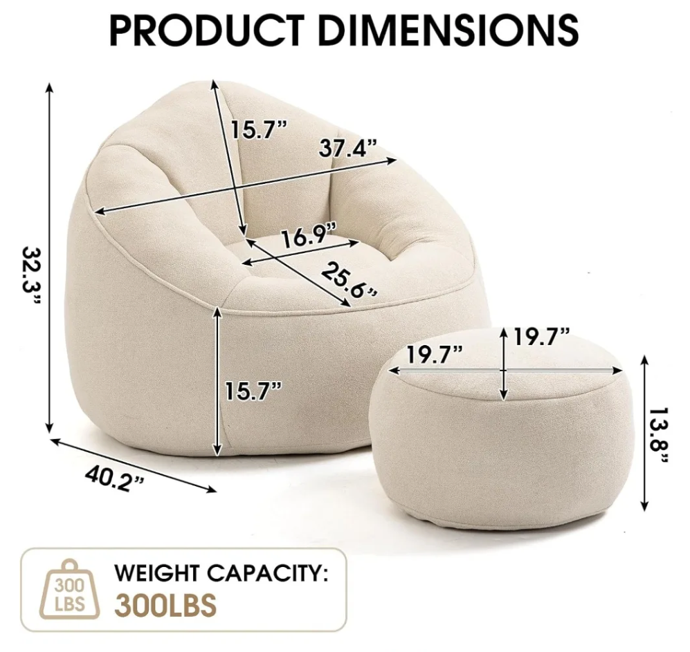 Modern Bean Bag Chair with Footrest – Comfy High-Density Foam Lounge Chair for Bedroom & Living Room