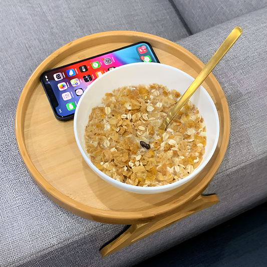 Bamboo Sofa Arm Tray Table – Foldable Round Bamboo Snack and Drink Holder