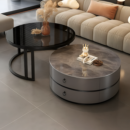 Modern Minimalist Nested Round Coffee Table With Storage Drawers – Light Luxury Small Marble Table for Living Room