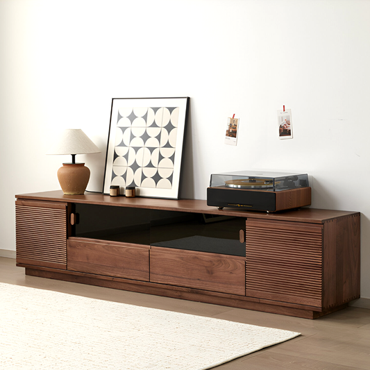 Solid Wood Black Walnut TV Unit – Modern Low Media Console with Storage