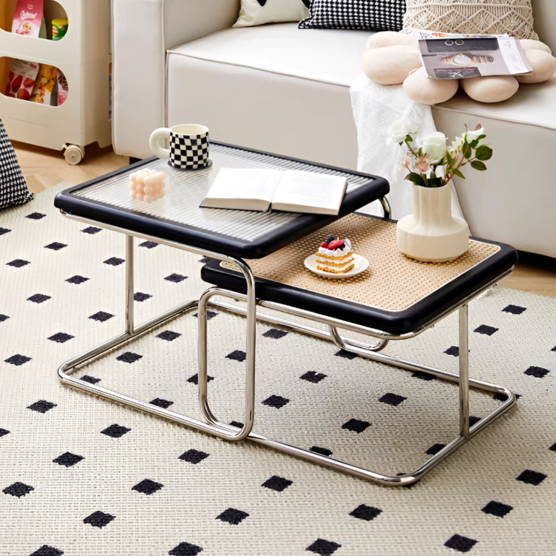 Nordic Nested Coffee Table Set – Solid Wood, Glass and Rattan with Stainless Steel Frame, Modern Antique Style