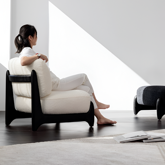 Modern Lounge Chair in Cream White & Smoky Gray – Washable Teddy Fabric, Solid Wood